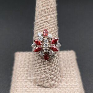 Size 8.25 Sterling Silver Red And Clear Cluster Cubic Zirconia Ring A6715